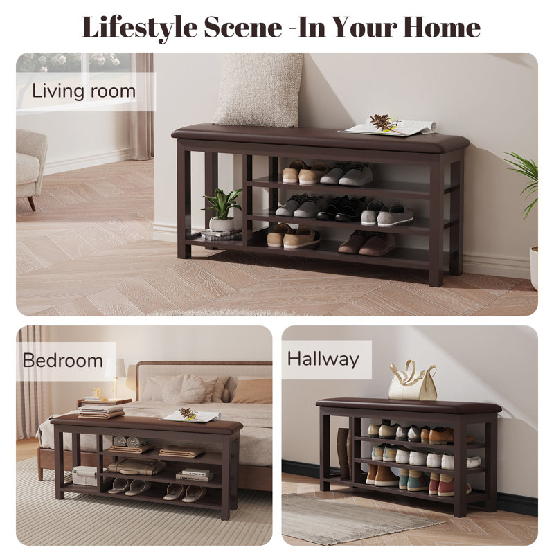3-Tier Leather Cushion Shoe Rack Bench with Rubberwood Frame and Adjustable Height - Perfect for Front Entry Hallways and Mudrooms