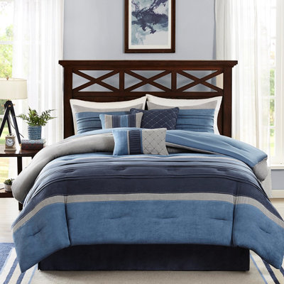 Navy King Bedroom - 7 Piece Microsuede Comforter, , Machine Washable Comforter Fabric, 2 Bed Skirts, 1 Decorative Pillow
