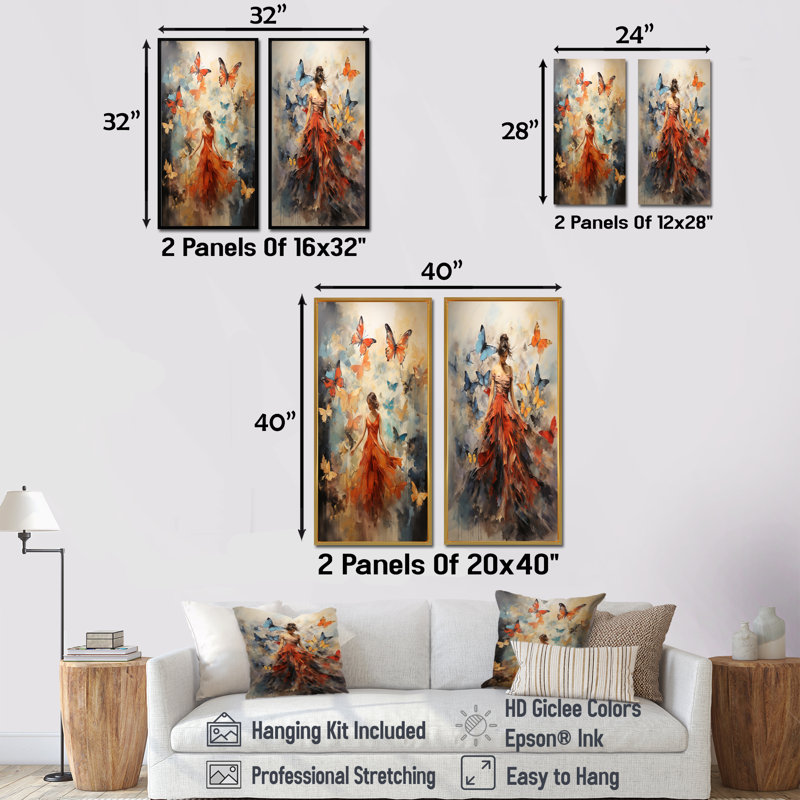 «Butterfly and Woman Dance», ensemble de 2 reproductions d'art sur toile, Cadre flottant doré, H 28 po x l 25 po