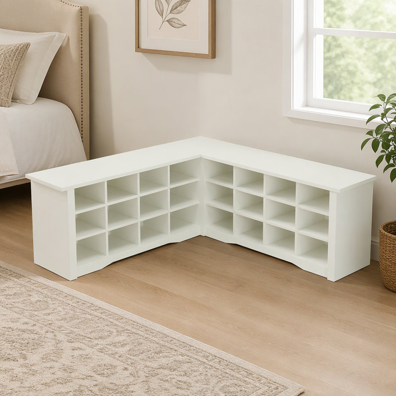Étagère à chaussures en L avec rangement, banc d'angle avec casiers ouverts pour le vestibule