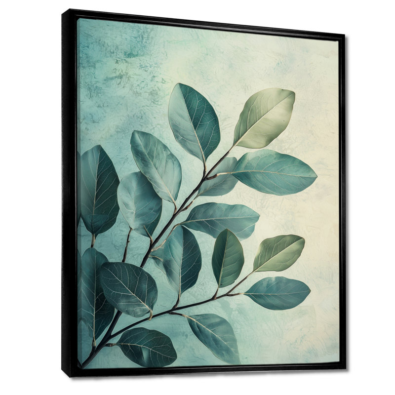 Minimalist Breeze Leaves Foliage - Leaves Wall Decor, Black, Floater Framed Print, 20" H x 12" W