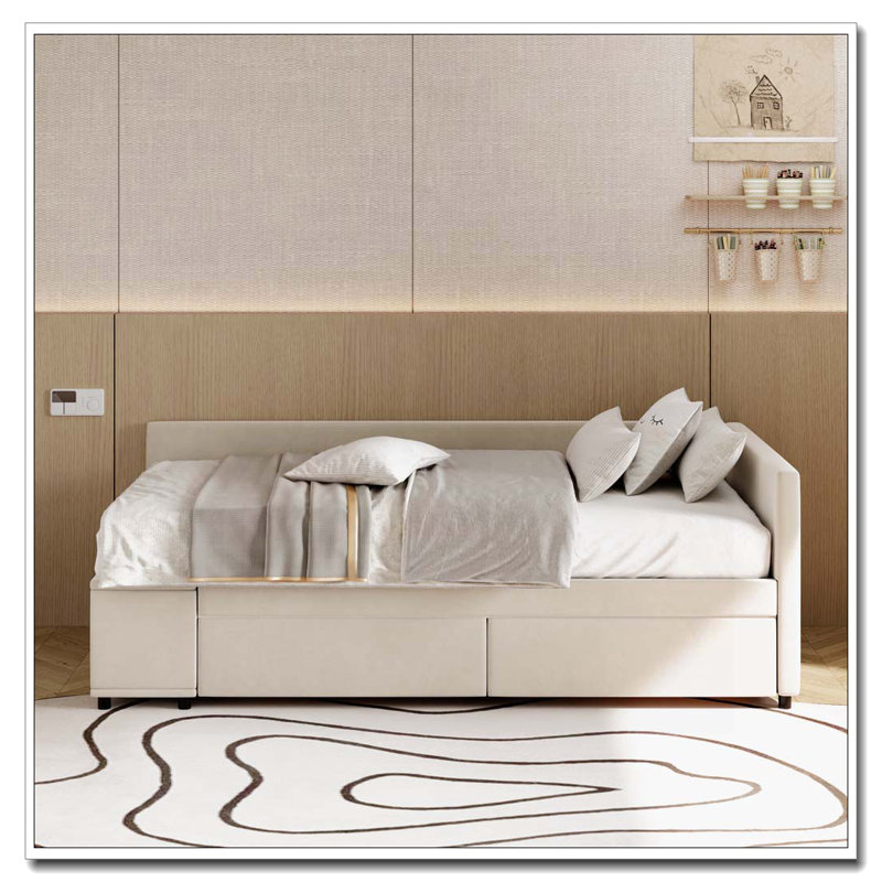 Lit plateforme tapissier en L avec rangement et tiroirs, Beige