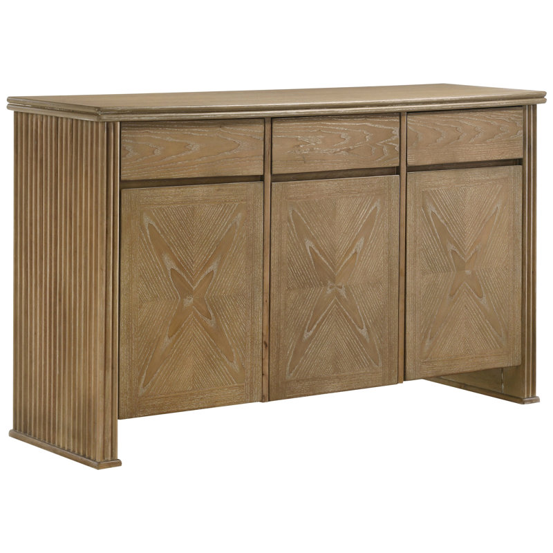 Buffet brun vieilli à 3 portes, reed vertical, tiroirs avec doublure en feutre, glissières de 35 mm, tablettes réglables, boîtes à tiroirs teintées, idéal pour la salle à manger, en placage de chêne, en bois d'hévéa,