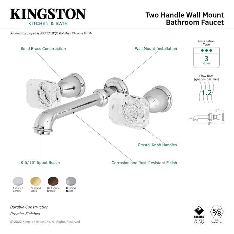 Kingston Brass Krystal Onyx Two-Handle 3-Hole Wall Mount Bathroom Faucet, Polished Brass