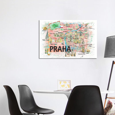 Prague Czech Republic Illustrated Map With Landmarks And Highlights by Markus & Martina Bleichner - Wrapped Canvas Gallery-Wrapped Canvas Giclée
