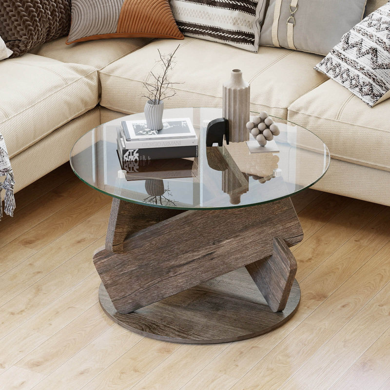 Table basse ronde ronde en verre 32 po avec plateau en verre trempé transparent