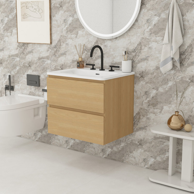 Bathroom Vanity with Ceramic Sink, Oak, Triple