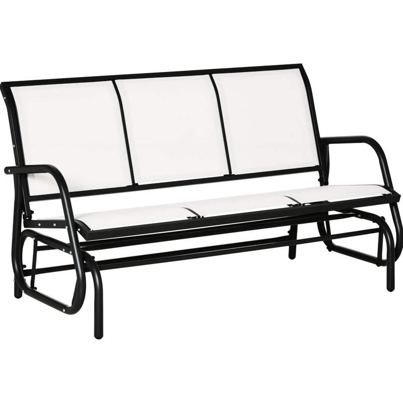 3 bancs à bascule d'extérieur avec assise en maille, structure en métal, blanc crème, convenant pour véranda et balcon. 3 superbes aménagements pour jardin ou terrasse au bord de la piscine.