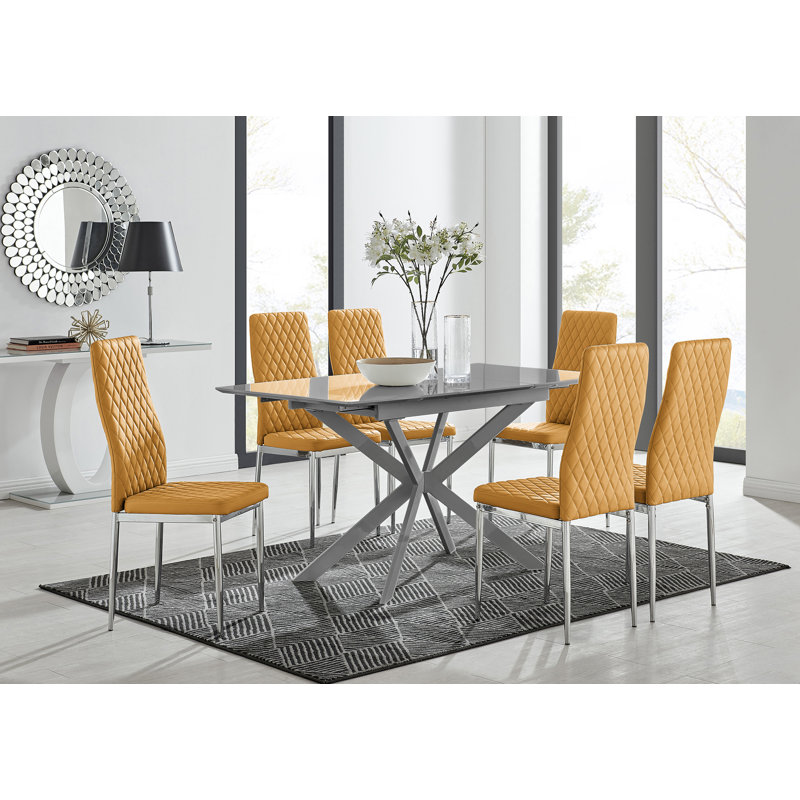 Eubanks Modern High Gloss Extendable Dining Table Set with Luxury Faux Leather Dining Chairs, 6, Mustard