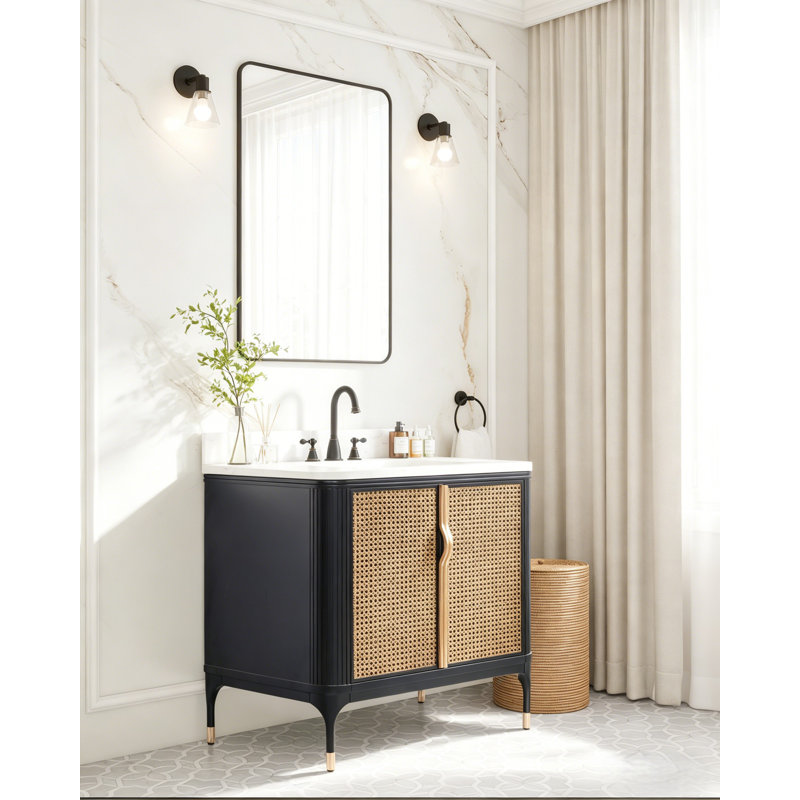 36" Freestanding Single Sink Solid Wood Mid-Century Glam Bath Vanity with Engineered Marble Top, Black