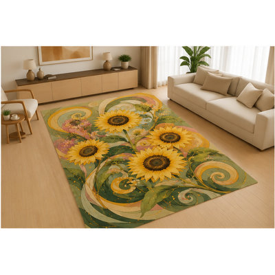 Tapis d'intérieur « Ultra Fin » 152 x 213 cm (5 pi x 7 pi) à motif tournesol abstrait, idéal pour le salon, la chambre à coucher, le bureau ou la salle familiale. Doux et à poils courts, avec envers antidérapant en silicone. Couleur jaune-vert.