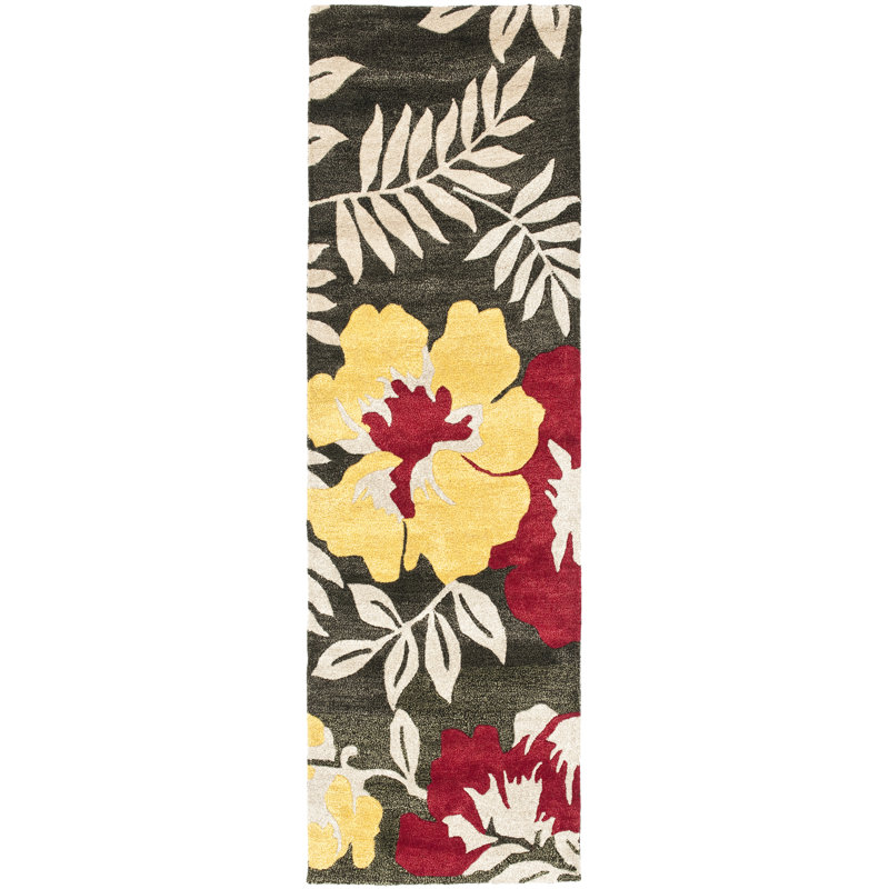 Aalst Soho Hand Tufted Wool/Viscose Floral Rug in Brown/Yellow/Red, Runner 2'6" x 6'