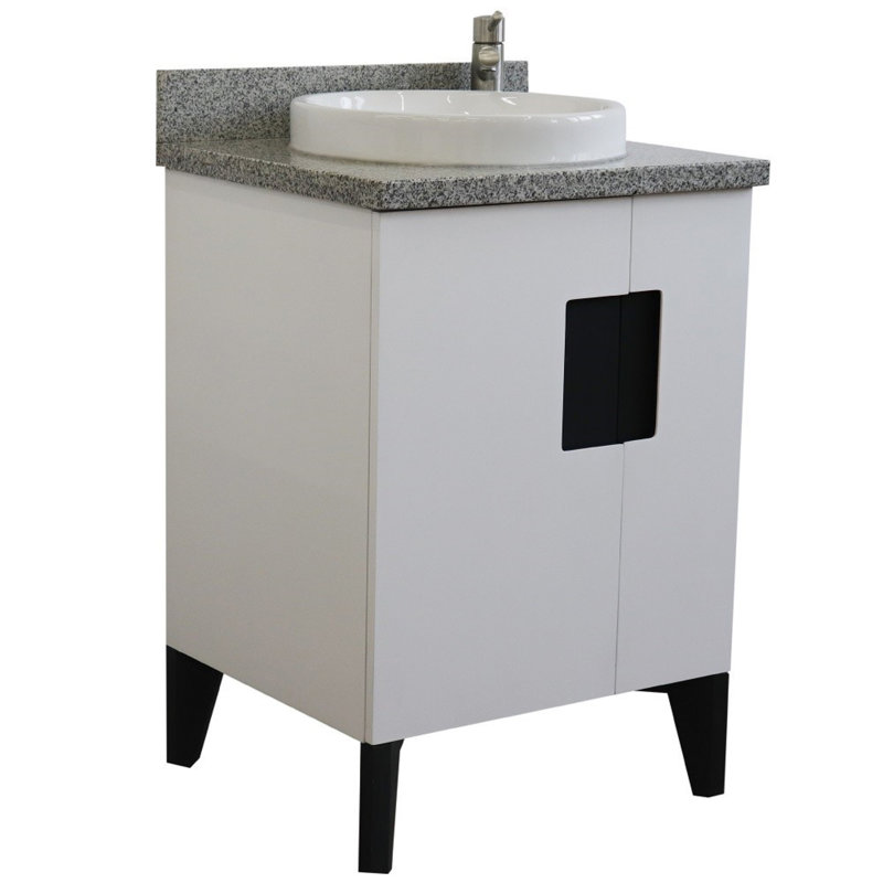 25'' Single Bathroom Vanity with Granite Top, White, Gray Granite