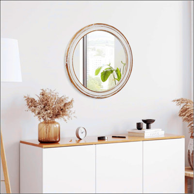 Round Wall Mirror For Bathroom Vanity, Wooden Farmhouse Circle Mirrors For Bedroom, Entryway, Living Room, Kitchen, Whitewash Edge Decorative Mirror For Home, Office