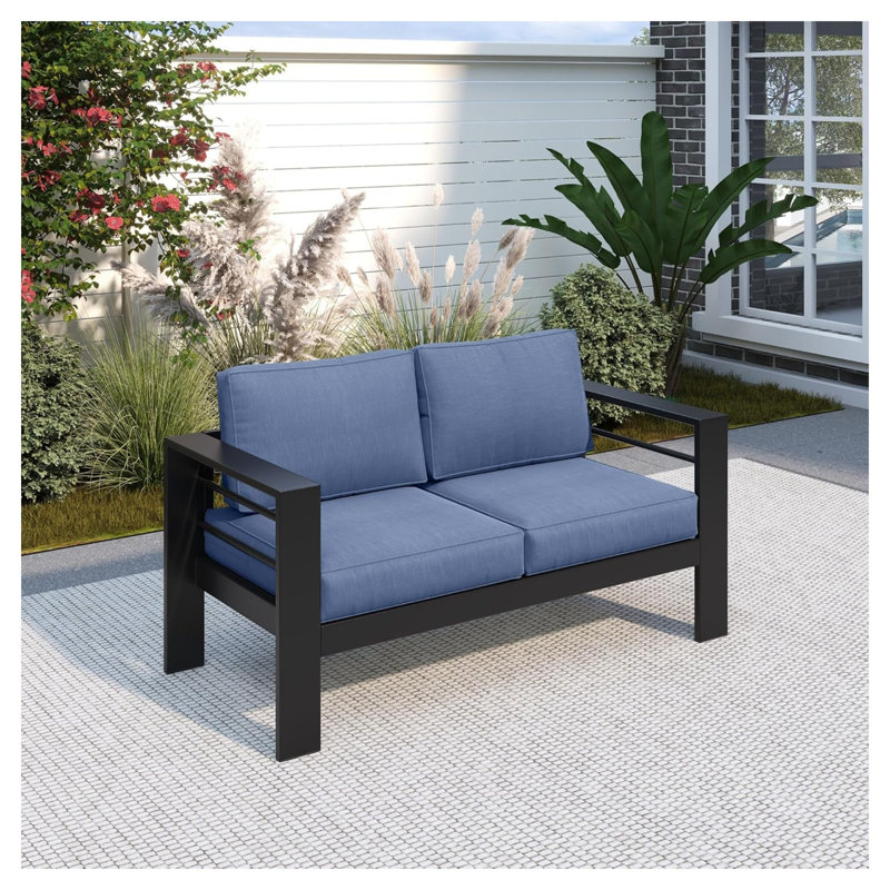 Causeuse de terrasse en aluminium toutes saisons de 50 po avec coussins épais en oléfine bleue