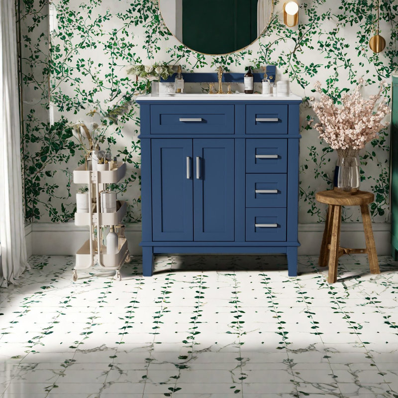Meuble-lavabo et lavabo peu encombrant, rangement en bois aggloméré bleu moderne de 30 pouces