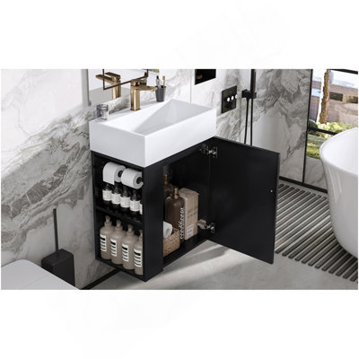 Meuble-lavabo de 20 po avec lavabo en céramique, porte à motif de losanges, poignées dorées et tablettes de rangement latérales - petit cabinet moderne avec barre à serviettes, fabrication en panneau de fibres à densité moyenne, assemblage requis