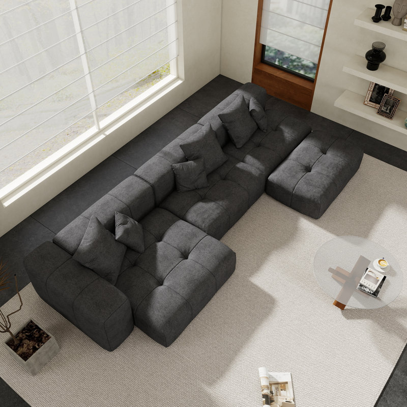 Kay Crumley 4-Piece Upholstered Modern Linen Fabric Sectional Sofa With Ottoman, Black