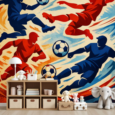 Papier peint adhésif peler et coller Silhouette de joueurs de soccer dynamique rouge et bleu abstrait à motif mural en PVC amovible de 69 po x l 96 po H pour bureau de chambre à coucher