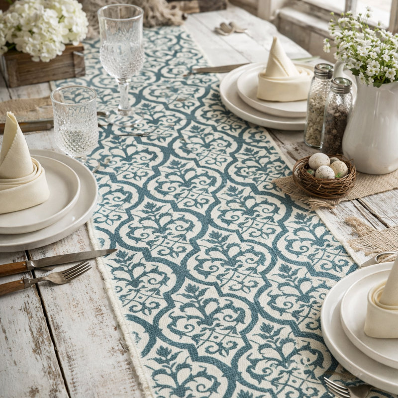 Sage Green Floral Printed Table Runner With Fringe 14" X 72"