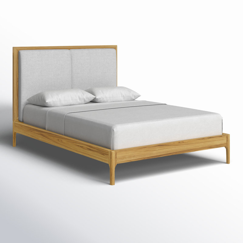 Natural Wood Queen Upholstered Platform Bed with Storage Drawer