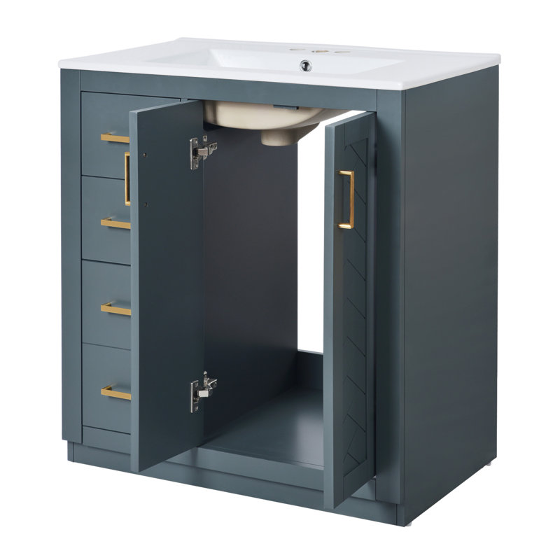 30 Inch Solid Wood Frame Bathroom Vanity With Ceramic Sink, 3 Drawers And Soft Closing Doors For Efficient Storage, Blue