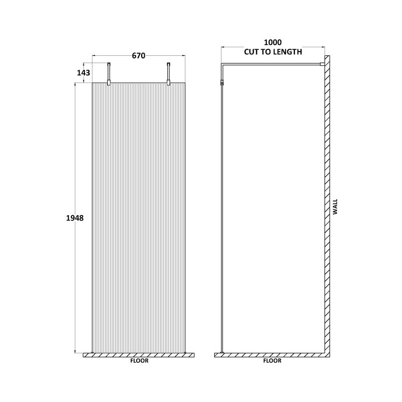 Fluted 1948mm H Frameless Wet Room Screen with Glass, 670 cm