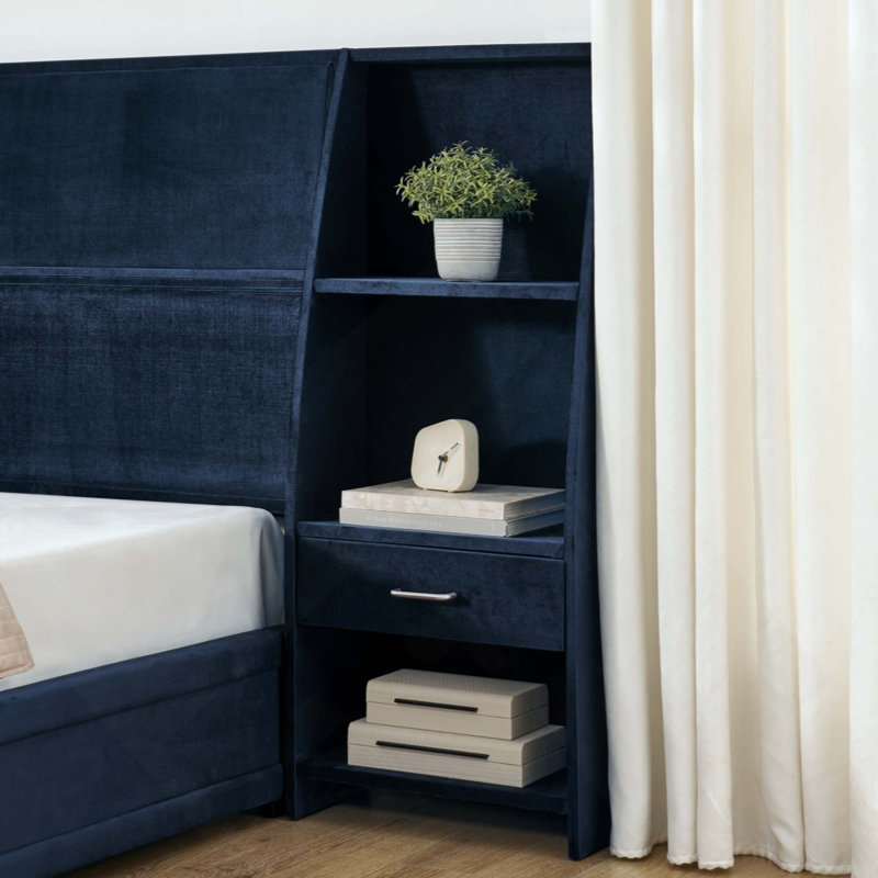 Base de lit plateforme avec rangement moderne, tête de lit en velours brillant avec bibliothèques latérales et tiroir, matelas non inclus