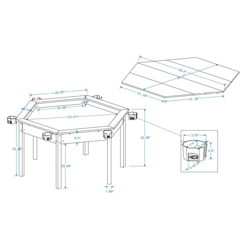 Table de jeu hexagonale pour 6 joueurs avec plateau de salle à manger amovible, aire de jeu encastrée et porte-gobelets rotatifs