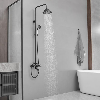 Matte Black Outdoor Shower Faucet Set, Wall-Mounted Exposed Shower System with Rainfall Shower Head, Adjustable Handheld Shower & Tub Spout, Dual Cross Knob Handles