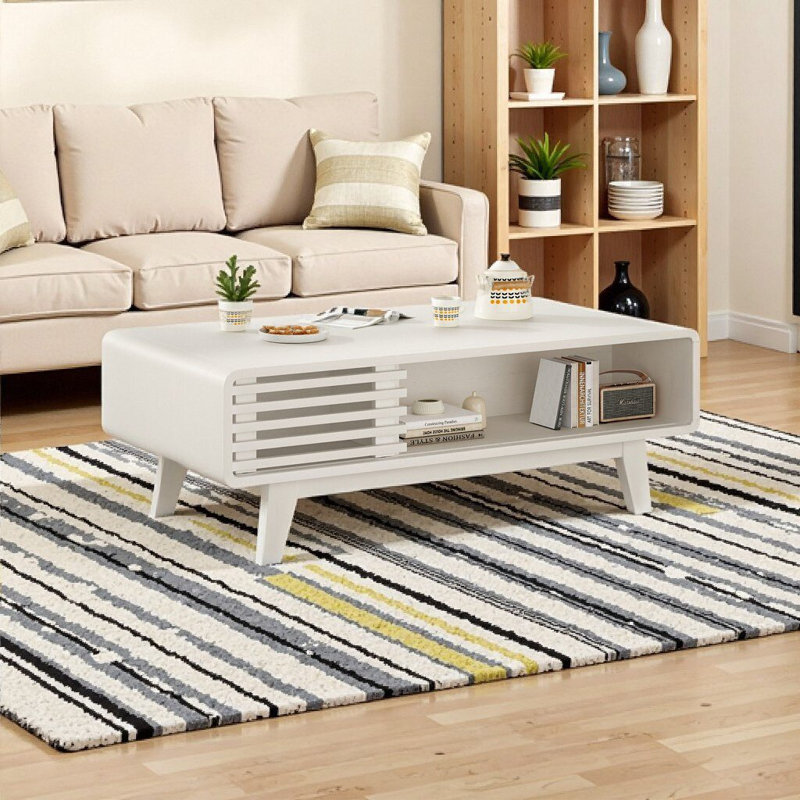 Table basse élégante avec rangement | Style campagnard Mid-Century avec accents de bois, Blanc