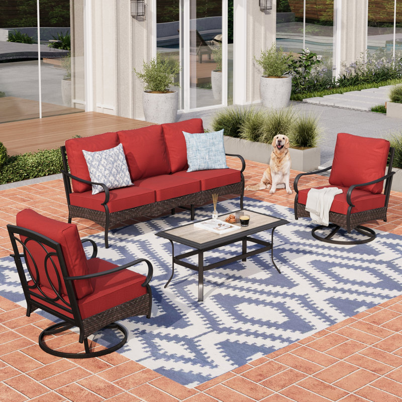 Ensemble de conversation pour patio pivotant en acier thermolaqué pour 5 personnes Sherborn, Rouge, No