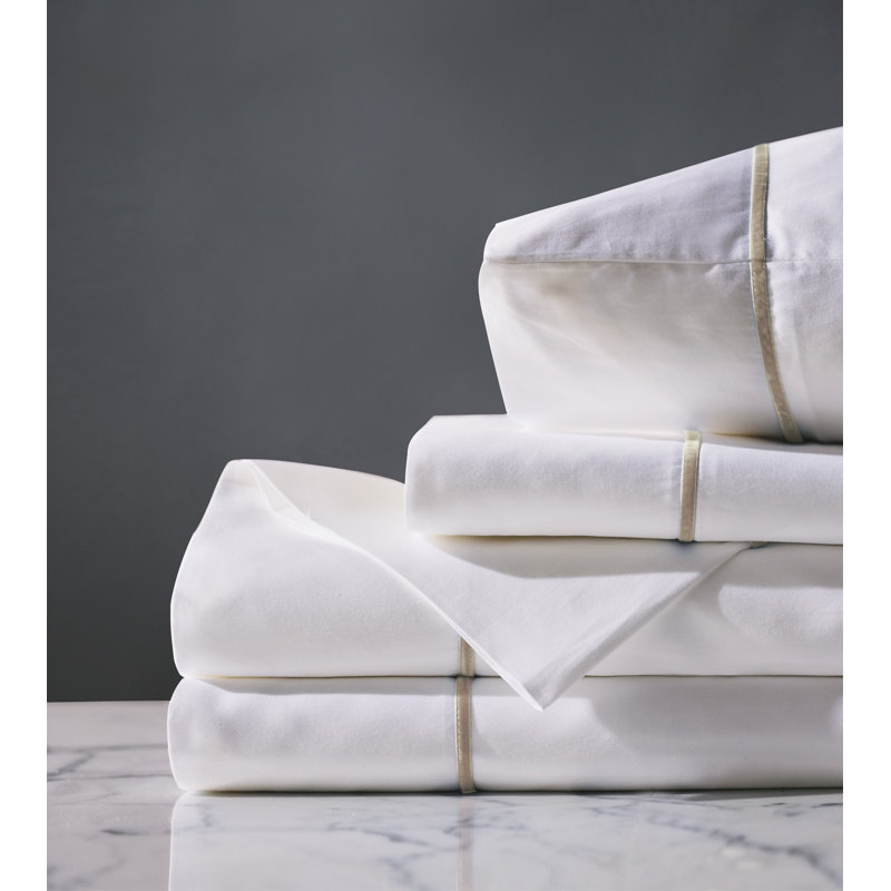 Ensemble de draps en satin de coton de qualité égyptienne 300 fils Linea, Très grand californien, Blanc / sable