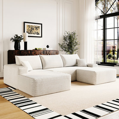 Canapé modulaire blanc en velours côtelé 107 po à 4 places, méridienne moderne, sans assemblage, méridienne confortable dans un fauteuil en velours côtelé minimaliste, décor de salon confortable