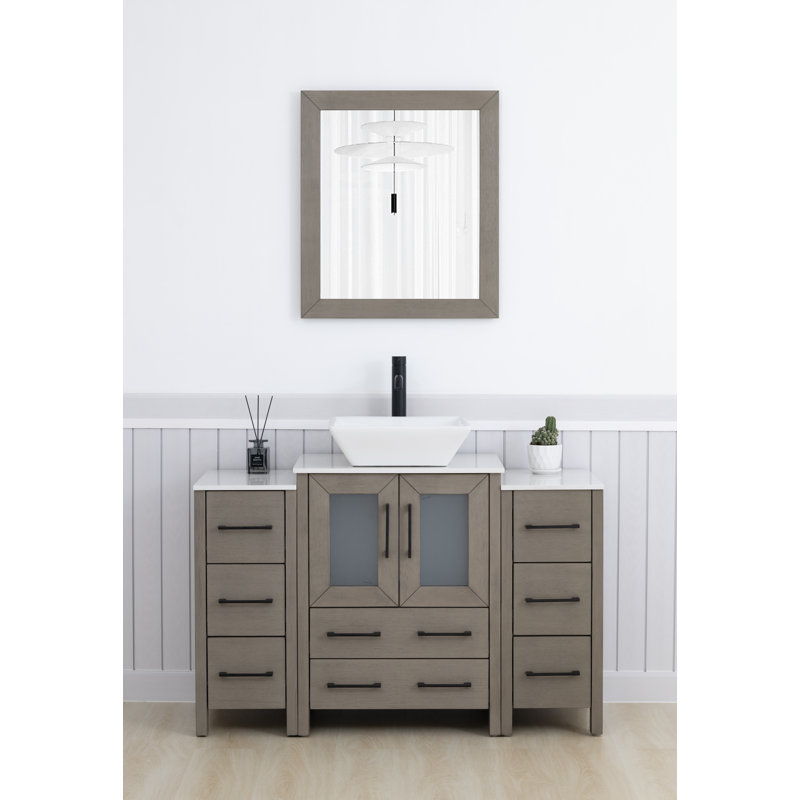 Ensemble de meuble-lavabo simple 48 po avec plateau en marbre d'ingénierie avec miroir, Bois flottant gris