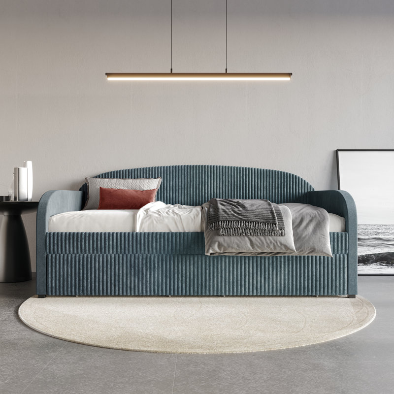 Corduroy Twin Size Daybed with Two Metal Drawers Velvet, Light Blue