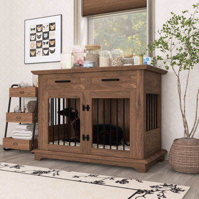 Large Dog Crate End Table With 2 Drawers & Rotating Bowls - Furniture Kennel For Medium Dogs