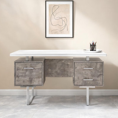 60-Inch Computer Desk with Drawers and File Storage, Contemporary U-Shaped Metal Base, White and Grey Concrete Laminate Finish
