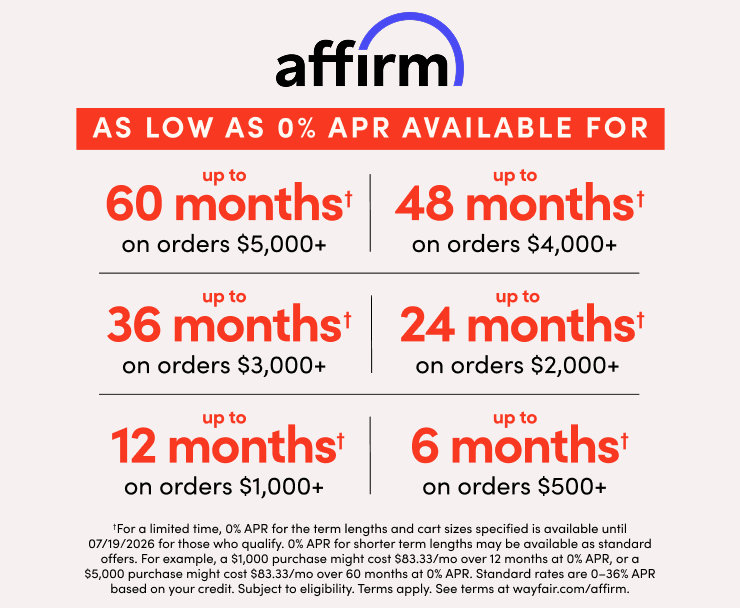 Affirm. As low as 0% APR available for up to 60 months on orders $5,000+, up to 48 months on orders $4,000+, up to 36 months on orders $3,000+, up to 24 months on orders $2,000+, up to 12 months on orders $1,000+, up to 6 months on orders $500+