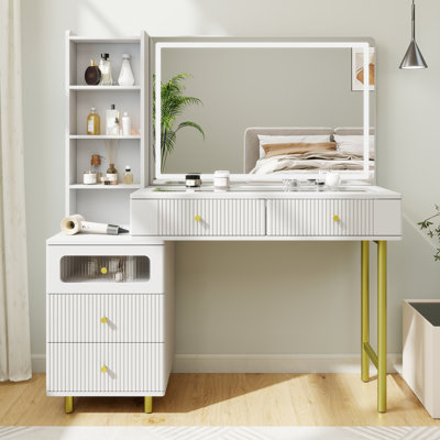 47.5" Fluted Makeup Vanity With Glass Top, Wood Vanity With Mirror And Lights, Dressing Table With 3 Lighting Modes For Bedroom by Ivy Bronx