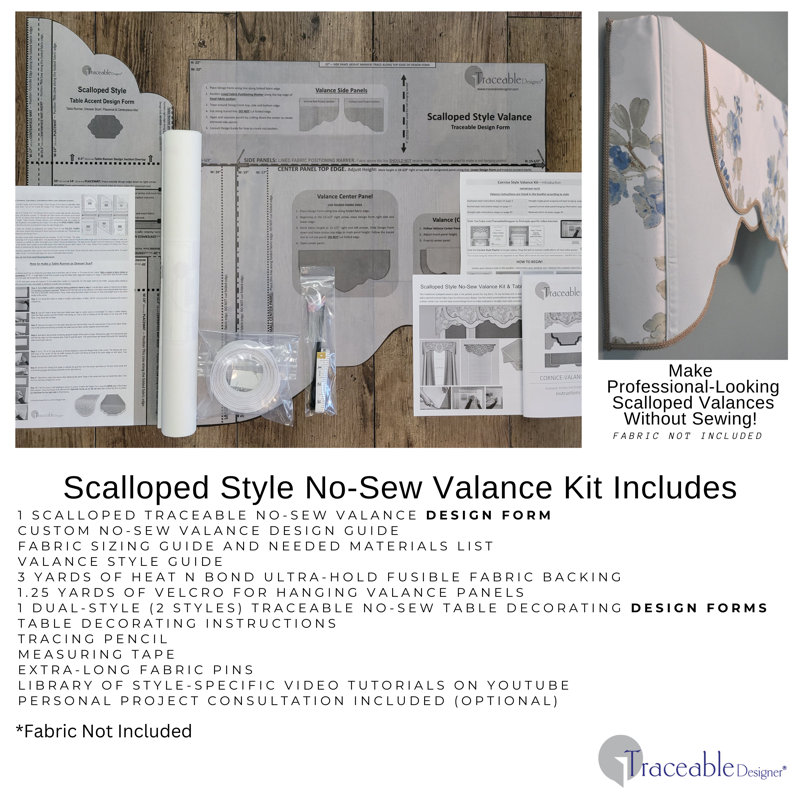 Gray and Beige Scalloped Rod Pocket Valance with Beaded Trim