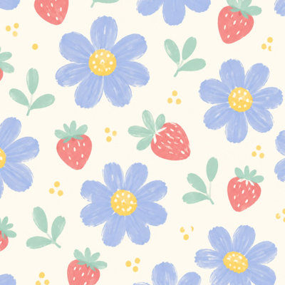 Peel and Stick Wallpaper Hand Painted Blue Flowers Strawberries Cream Contact Paper Removable Self Adhesive Wall Mural Wall Decor for Bedroom Kitchen Cabinets 24in x 118in