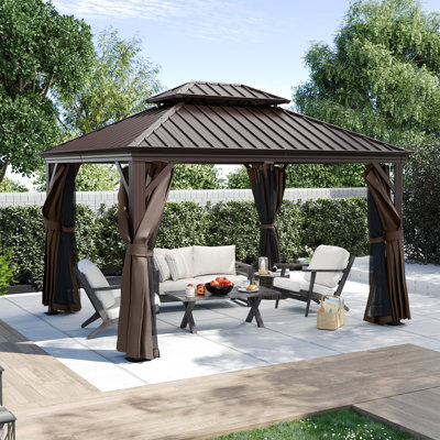 D Pavillon de jardin en aluminium à toit double avec toit et rideaux