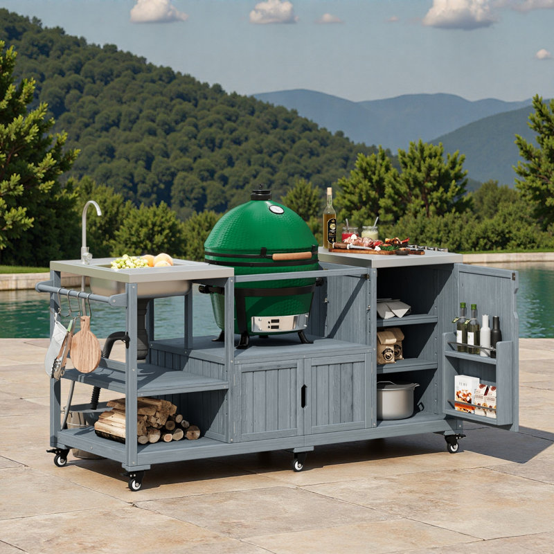 Îlot de cuisine extérieur avec évier, plateau en acier inoxydable, armoires de rangement et supports de rangement internes