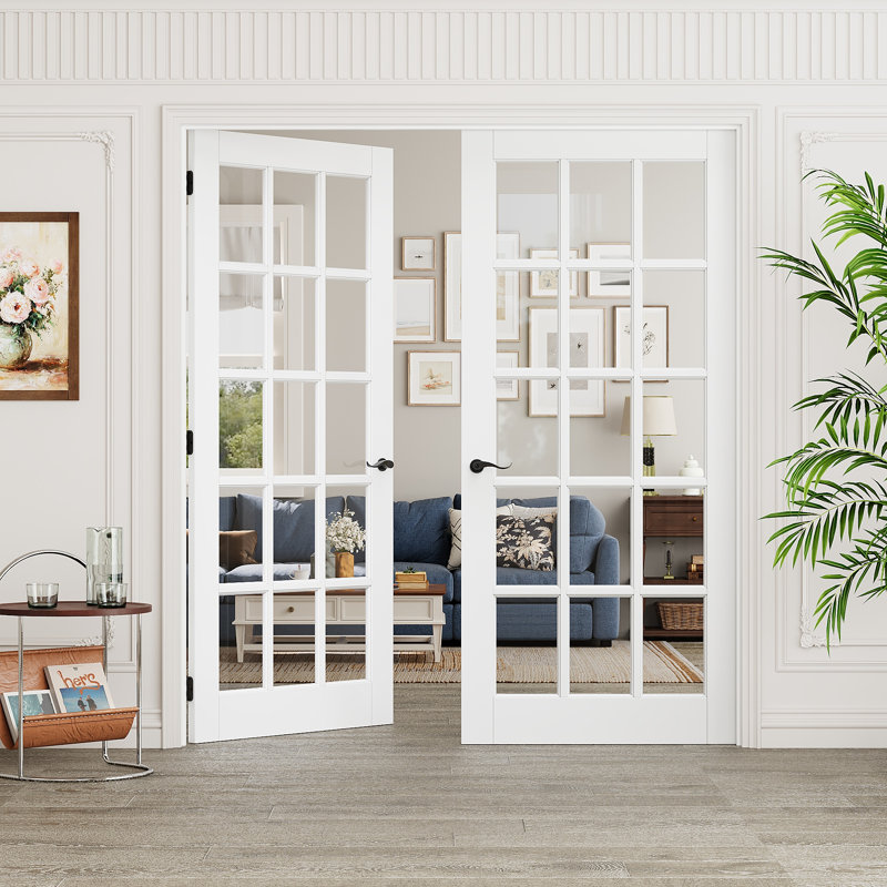 Porte intérieure à 15 carreaux en verre clair, portes françaises en MDF CARB P2 et verre trempé SGCC, quincaillerie noire mate - poignée de porte avec serrure, loquet et charnières, préfinie et imperméable, garde-manger, chambre, salle de bain et placard, teinture facile à faire soi-même, 183 cm x 203 cm