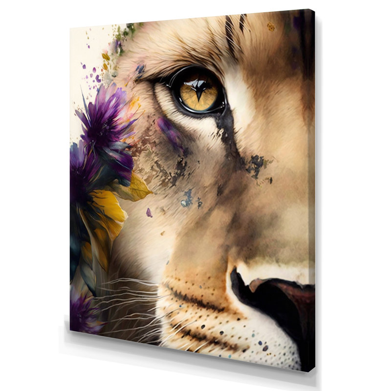 Demi-lion avec fleurs - reproduction sur toile, H 32 po x l 16 po x P 1 po, Toile tendue