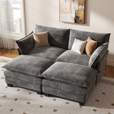 Modular Sectional Sofa Bed, 4 Seater Convertible L-Shaped Sleeper Cloud Couch with Ottoman, Modern Sectional Couches for Living Room, Grey