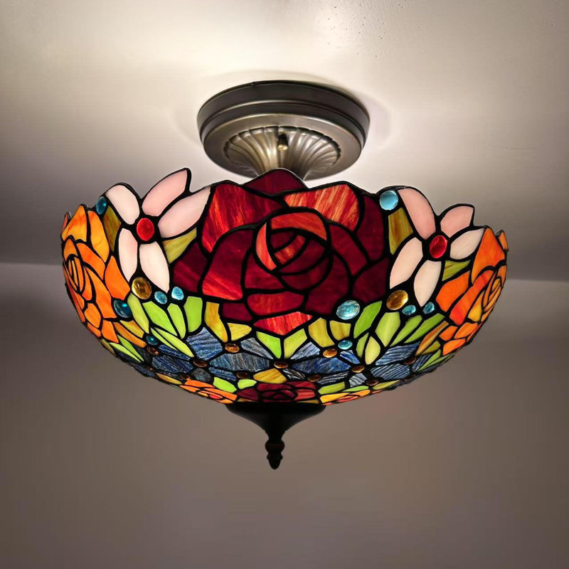 Plafonnier Tiffany avec fleurs roses en verre coloré inclus, Rouge / Bleu