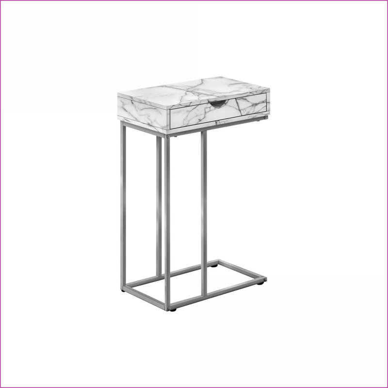 Table basse en forme de C peu encombrante - aspect marbre blanc, base en métal gris avec tiroir de rangement pour le salon / la chambre à coucher