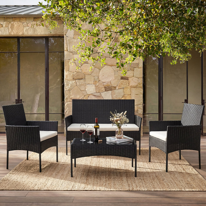 Ensemble de meubles de patio en osier PE 4 pièces avec table et coussins en verre, ensemble de patio en osier 4 pièces pour balcon / cour arrière / porche / bord de piscine